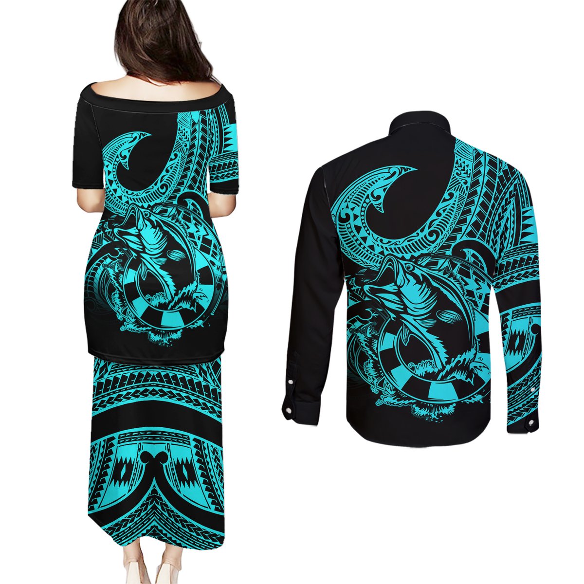 Polynesia Couples Matching Puletasi Dress and Long Sleeve Button Shirts Fish Hook Tattoo Go Fishing Polynesian Pattern Turquosie LT14 - Polynesian Pride
