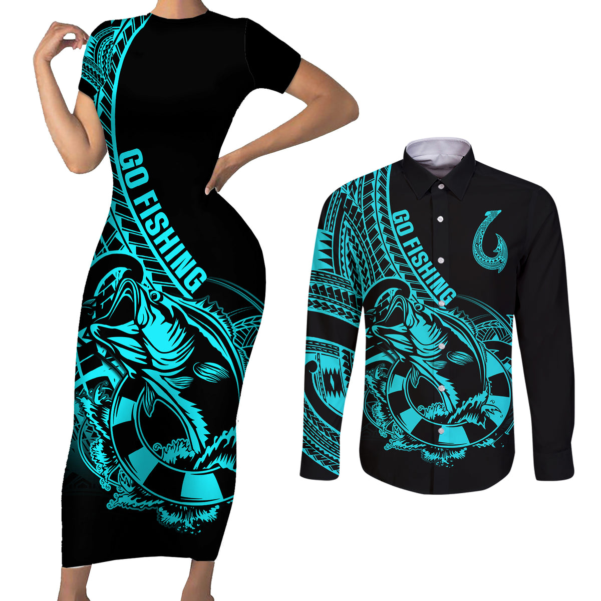 Polynesia Couples Matching Short Sleeve Bodycon Dress and Long Sleeve Button Shirts Fish Hook Tattoo Go Fishing Polynesian Pattern Turquosie LT14 Turquoise - Polynesian Pride