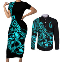 Polynesia Couples Matching Short Sleeve Bodycon Dress and Long Sleeve Button Shirts Fish Hook Tattoo Go Fishing Polynesian Pattern Turquosie LT14 Turquoise - Polynesian Pride
