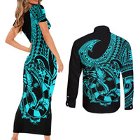 Polynesia Couples Matching Short Sleeve Bodycon Dress and Long Sleeve Button Shirts Fish Hook Tattoo Go Fishing Polynesian Pattern Turquosie LT14 - Polynesian Pride