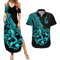 Polynesia Couples Matching Summer Maxi Dress and Hawaiian Shirt Fish Hook Tattoo Go Fishing Polynesian Pattern Turquosie LT14 Turquoise - Polynesian Pride