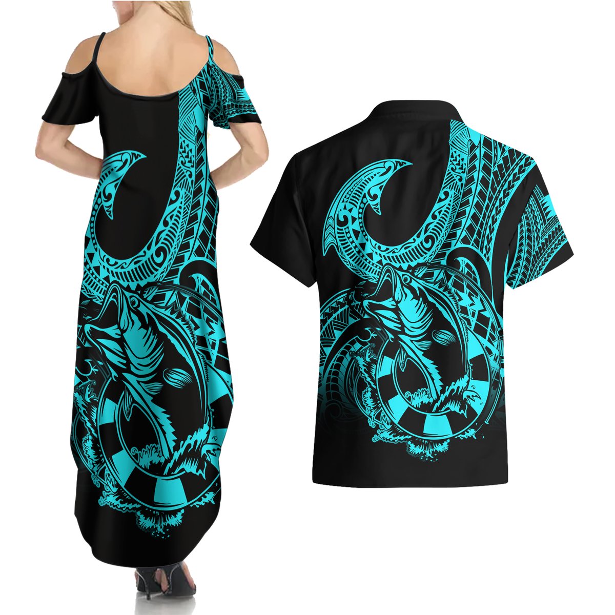 Polynesia Couples Matching Summer Maxi Dress and Hawaiian Shirt Fish Hook Tattoo Go Fishing Polynesian Pattern Turquosie LT14 - Polynesian Pride
