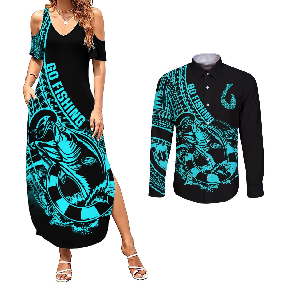 polynesia-couples-matching-summer-maxi-dress-and-long-sleeve-button-shirts-fish-hook-tattoo-go-fishing-polynesian-pattern-turquosie