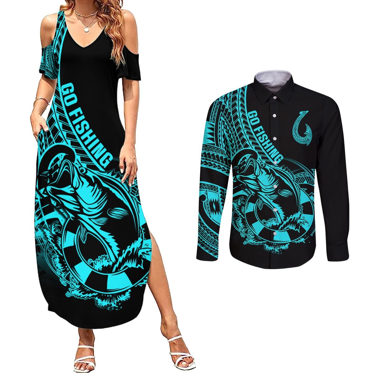 Polynesia Couples Matching Summer Maxi Dress and Long Sleeve Button Shirts Fish Hook Tattoo Go Fishing Polynesian Pattern Turquosie LT14 Turquoise - Polynesian Pride