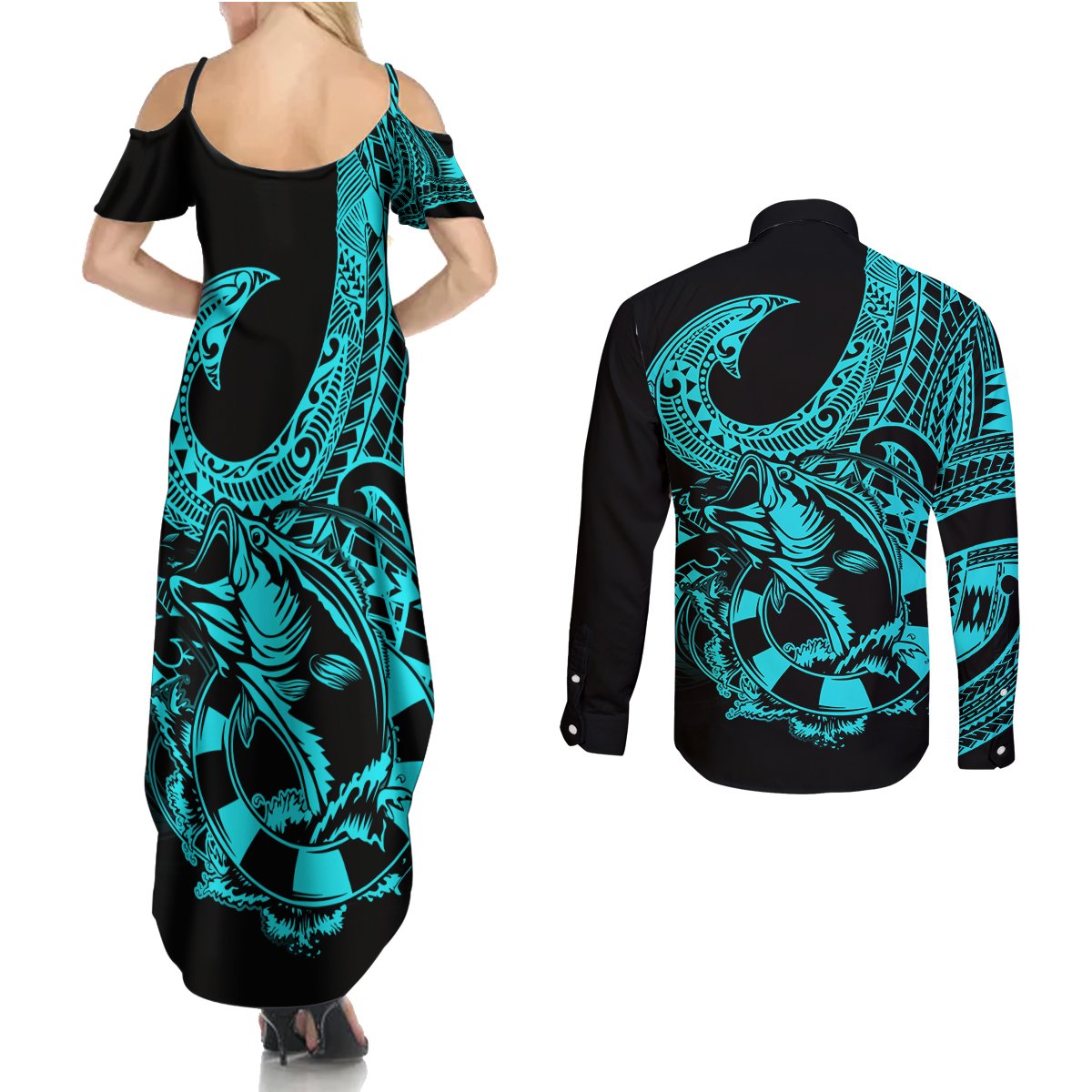 polynesia-couples-matching-summer-maxi-dress-and-long-sleeve-button-shirts-fish-hook-tattoo-go-fishing-polynesian-pattern-turquosie
