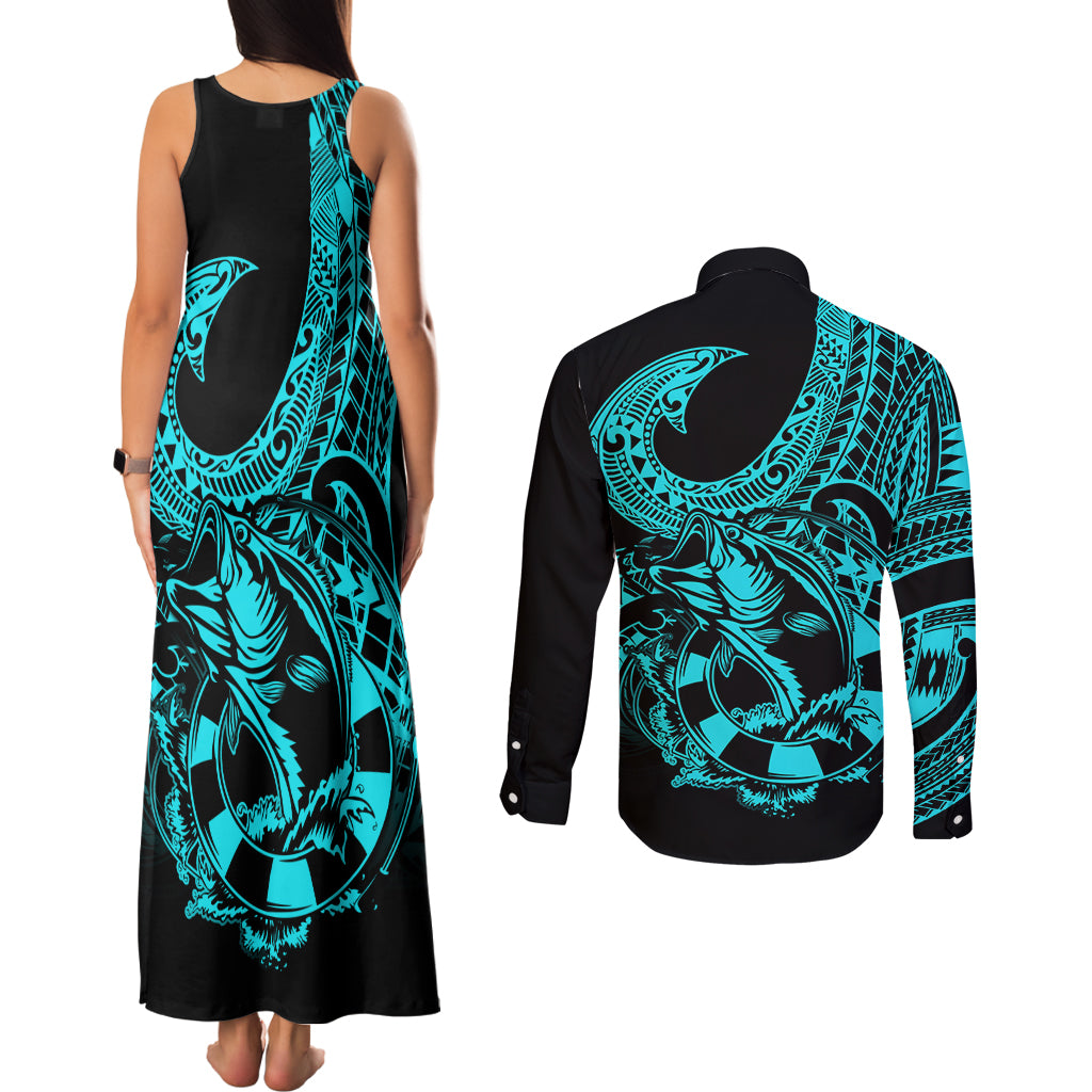 Polynesia Couples Matching Tank Maxi Dress and Long Sleeve Button Shirts Fish Hook Tattoo Go Fishing Polynesian Pattern Turquosie LT14 - Polynesian Pride