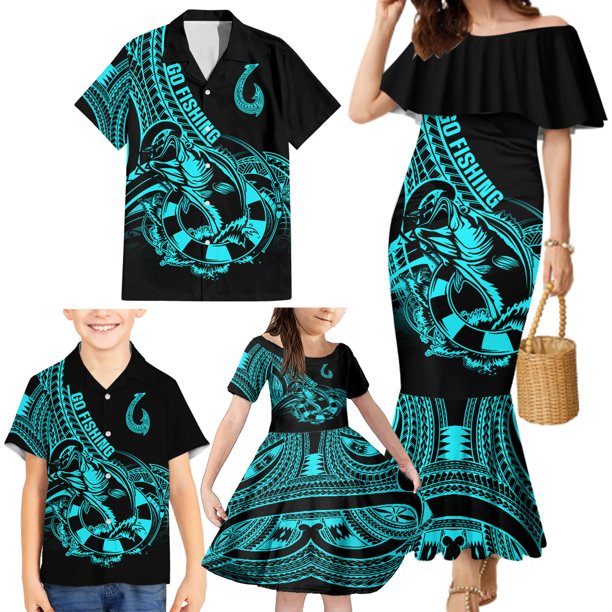 polynesia-family-matching-mermaid-dress-and-hawaiian-shirt-fish-hook-tattoo-go-fishing-polynesian-pattern-turquosie