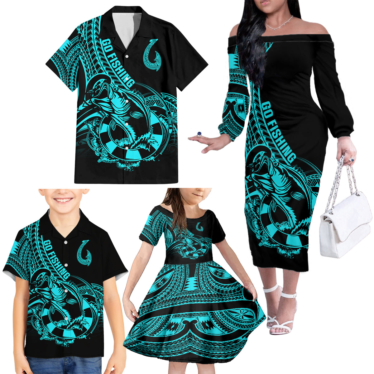 polynesia-family-matching-off-shoulder-long-sleeve-dress-and-hawaiian-shirt-fish-hook-tattoo-go-fishing-polynesian-pattern-turquosie