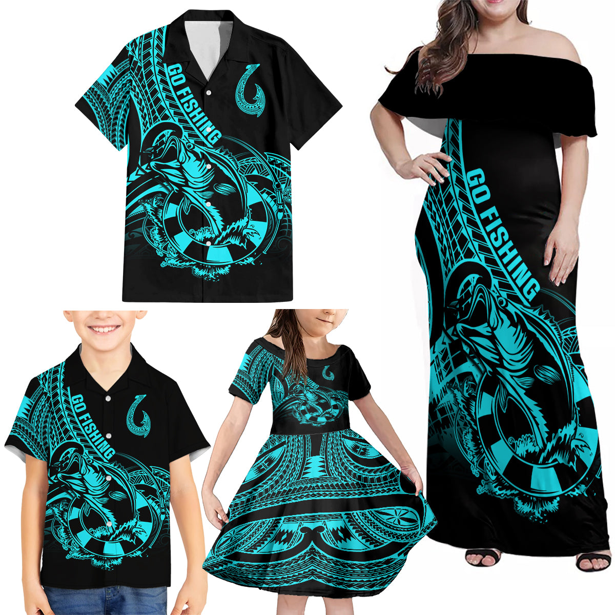 polynesia-family-matching-off-shoulder-maxi-dress-and-hawaiian-shirt-fish-hook-tattoo-go-fishing-polynesian-pattern-turquosie