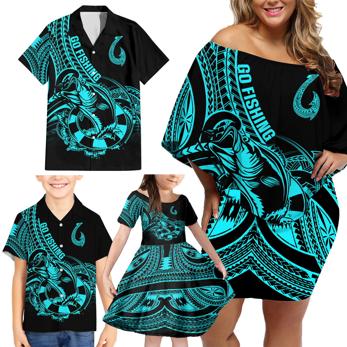 polynesia-family-matching-off-shoulder-short-dress-and-hawaiian-shirt-fish-hook-tattoo-go-fishing-polynesian-pattern-turquosie