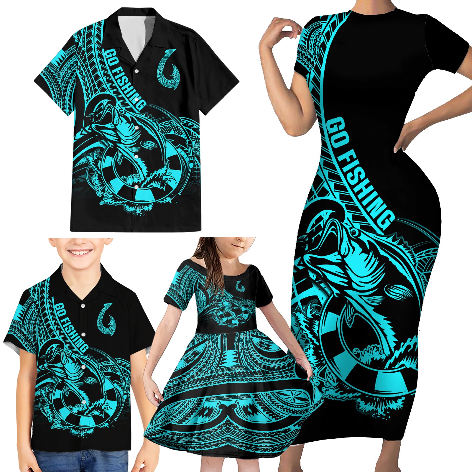 polynesia-family-matching-short-sleeve-bodycon-dress-and-hawaiian-shirt-fish-hook-tattoo-go-fishing-polynesian-pattern-turquosie