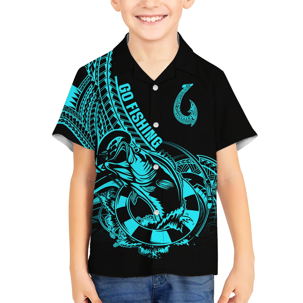 Polynesia Hawaiian Shirt Fish Hook Tattoo Go Fishing Polynesian Pattern Turquosie LT14 - Polynesian Pride