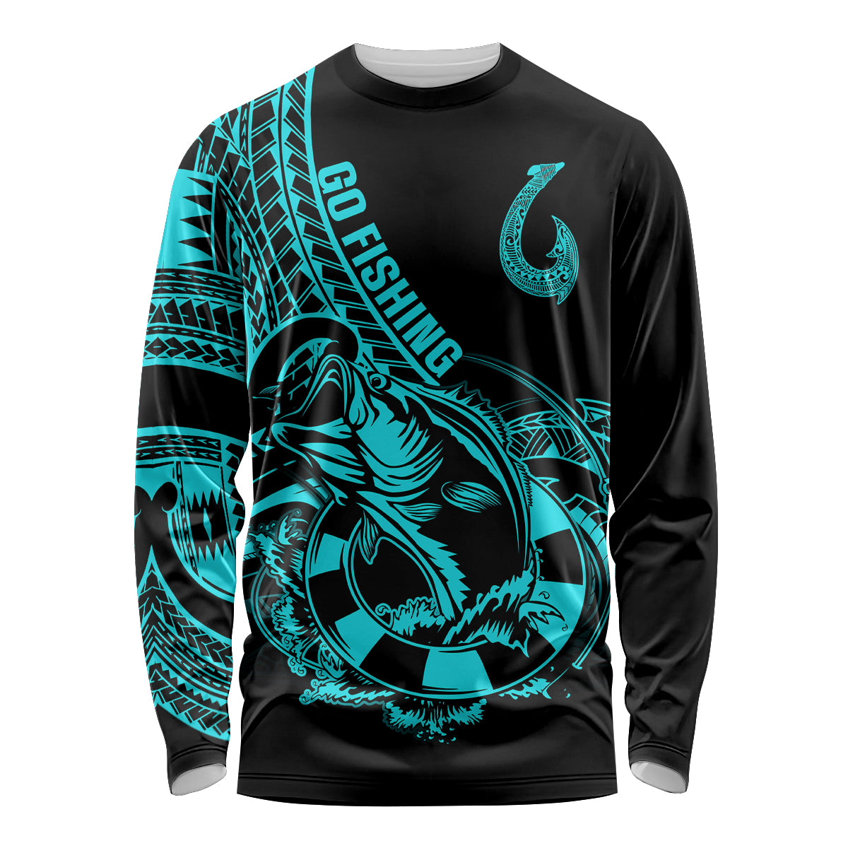 Polynesia Long Sleeve Shirt Fish Hook Tattoo Go Fishing Polynesian Pattern Turquosie LT14 Unisex Turquoise - Polynesian Pride