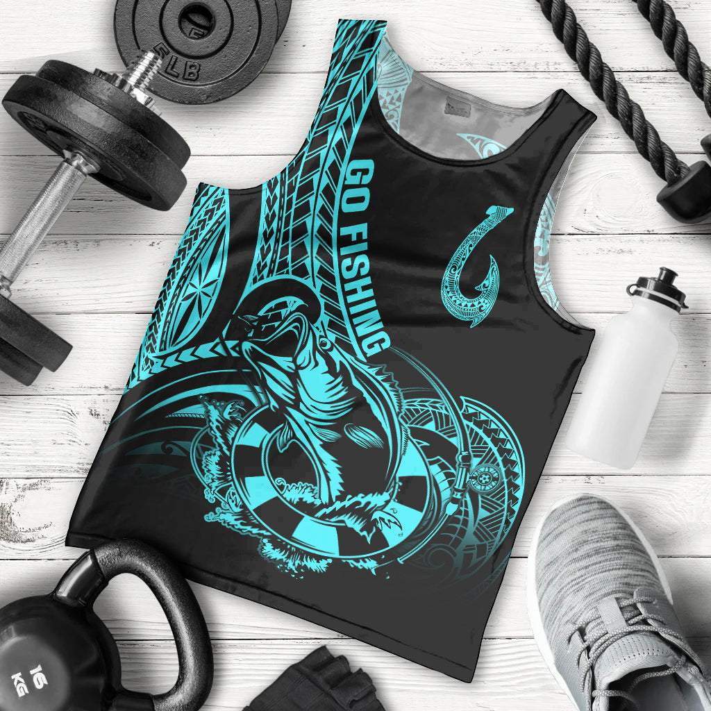 Polynesia Men Tank Top Fish Hook Tattoo Go Fishing Polynesian Pattern Turquosie LT14 Turquoise - Polynesian Pride