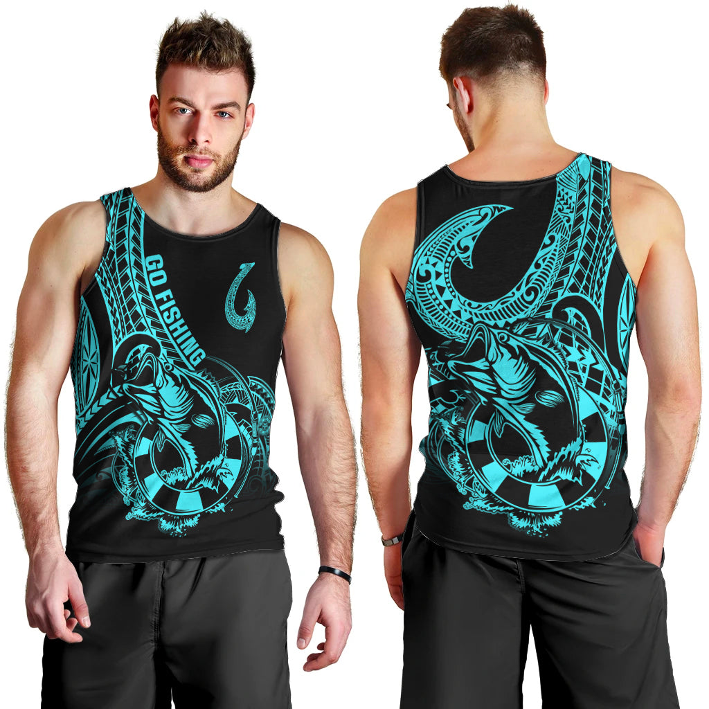 Polynesia Men Tank Top Fish Hook Tattoo Go Fishing Polynesian Pattern Turquosie LT14 - Polynesian Pride