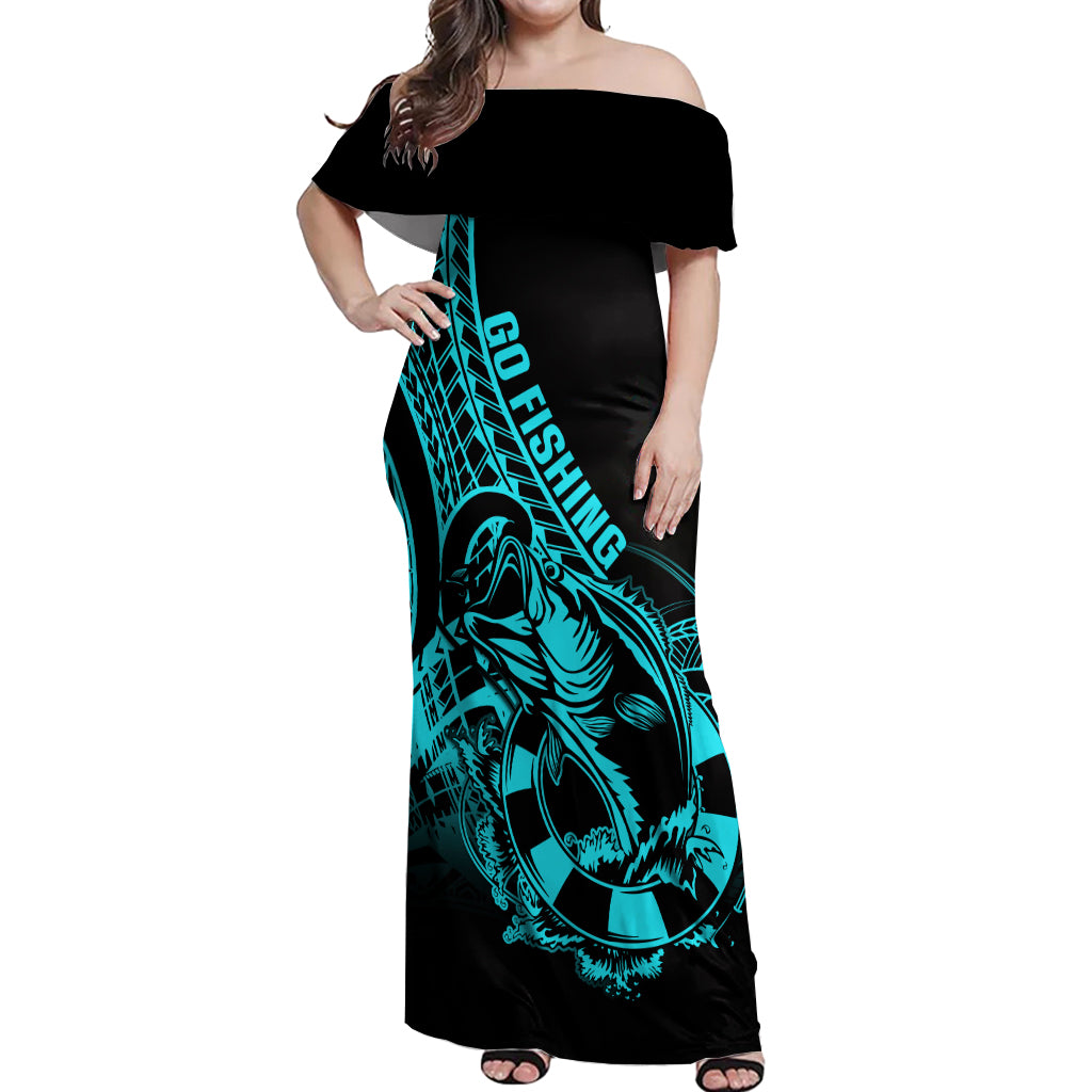 Polynesia Off Shoulder Maxi Dress Fish Hook Tattoo Go Fishing Polynesian Pattern Turquosie LT14 Women Turquoise - Polynesian Pride