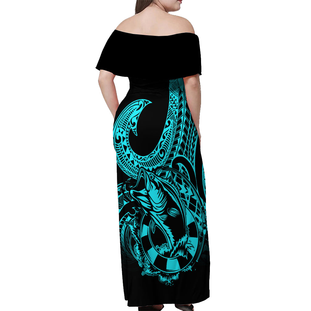 Polynesia Off Shoulder Maxi Dress Fish Hook Tattoo Go Fishing Polynesian Pattern Turquosie LT14 - Polynesian Pride
