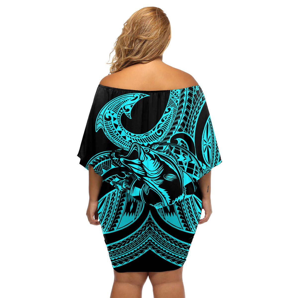 Polynesia Off Shoulder Short Dress Fish Hook Tattoo Go Fishing Polynesian Pattern Turquosie LT14 - Polynesian Pride