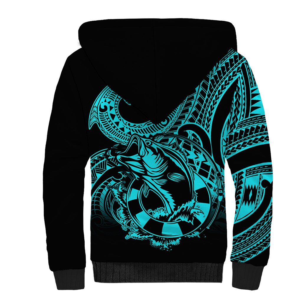 Polynesia Sherpa Hoodie Fish Hook Tattoo Go Fishing Polynesian Pattern Turquosie LT14 - Polynesian Pride