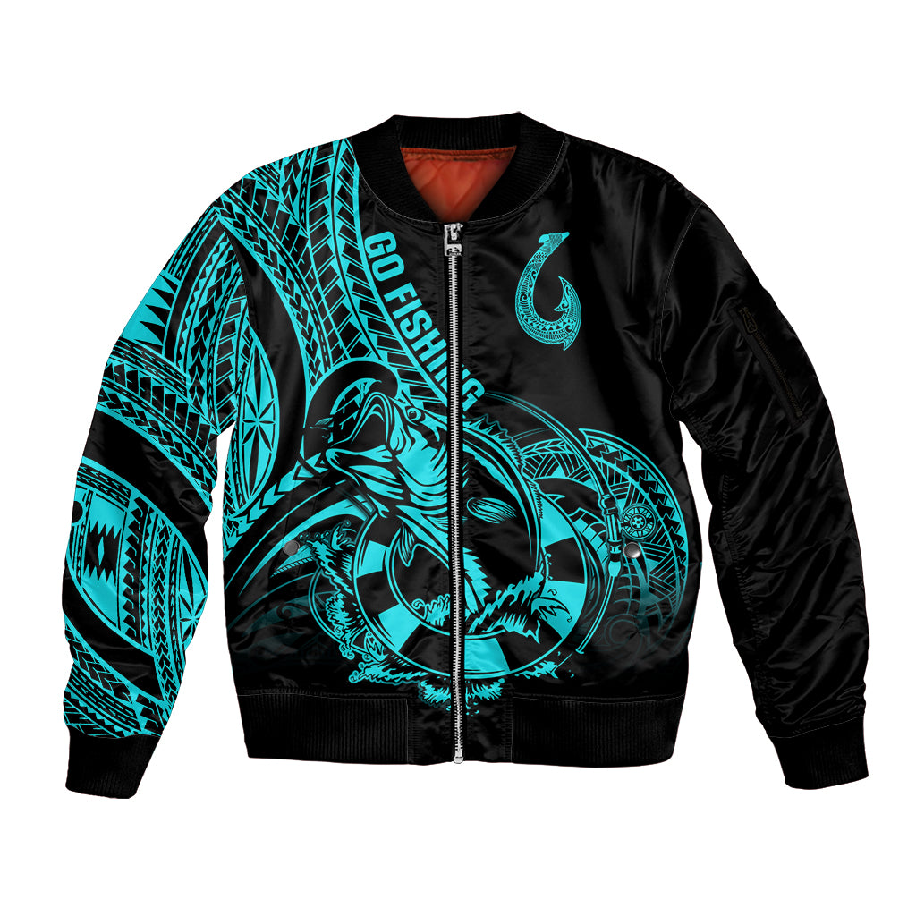 Polynesia Sleeve Zip Bomber Jacket Fish Hook Tattoo Go Fishing Polynesian Pattern Turquosie LT14 Unisex Turquoise - Polynesian Pride