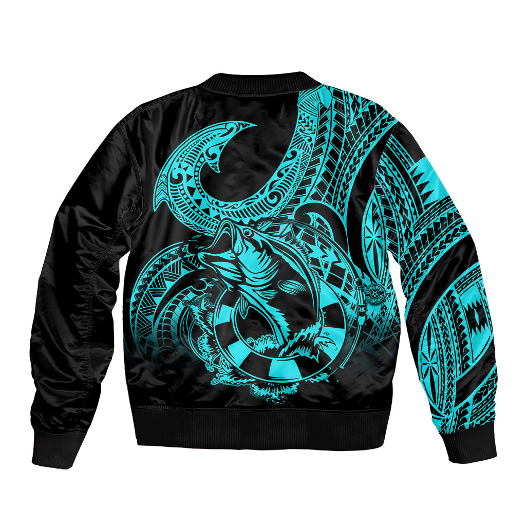 Polynesia Sleeve Zip Bomber Jacket Fish Hook Tattoo Go Fishing Polynesian Pattern Turquosie LT14 - Polynesian Pride
