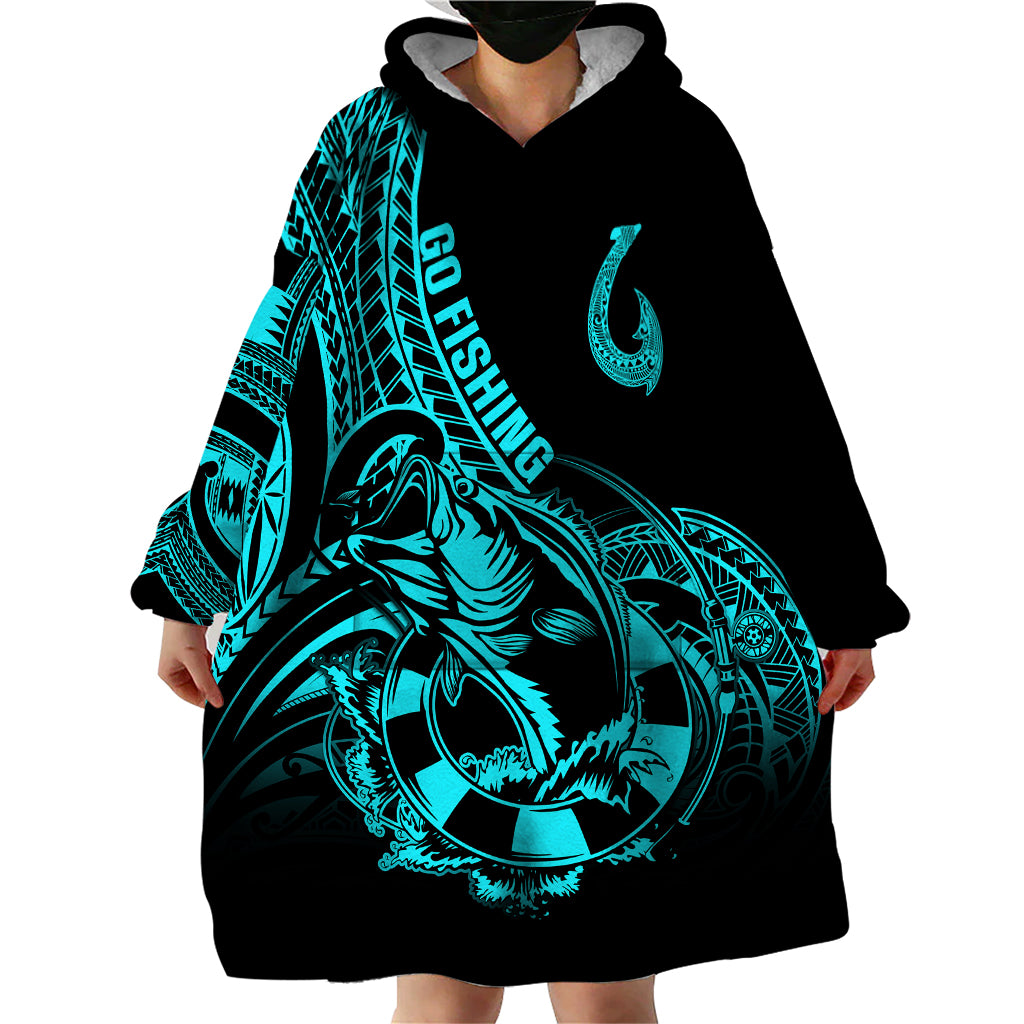 Polynesia Wearable Blanket Hoodie Fish Hook Tattoo Go Fishing Polynesian Pattern Turquosie LT14 - Polynesian Pride