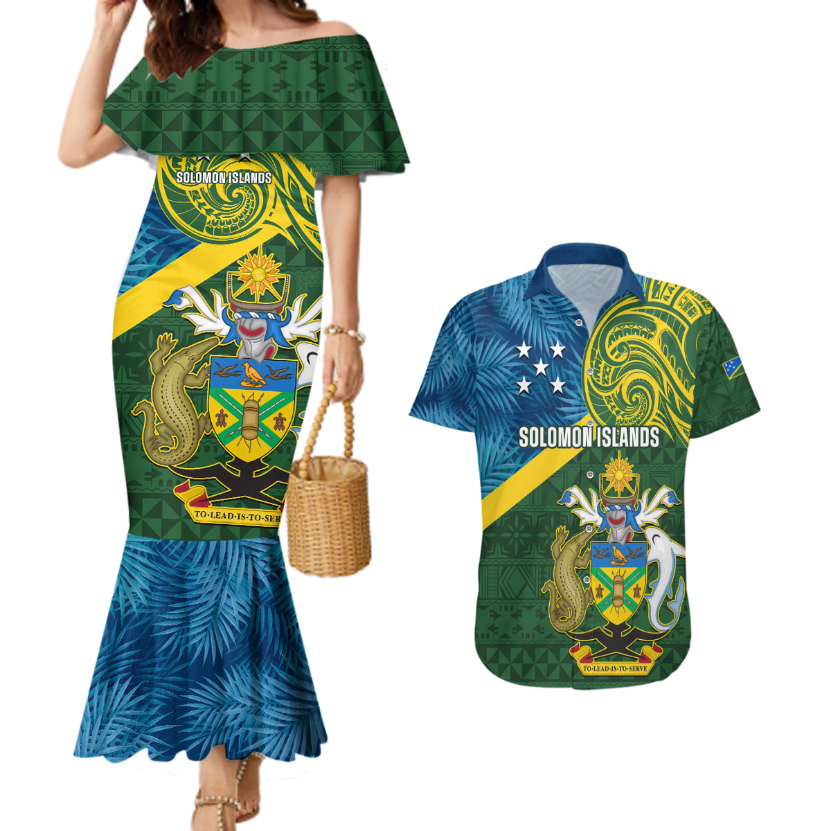 solomon-islands-couples-matching-mermaid-dress-and-hawaiian-shirt-tropical-leaves-with-melanesian-pattern