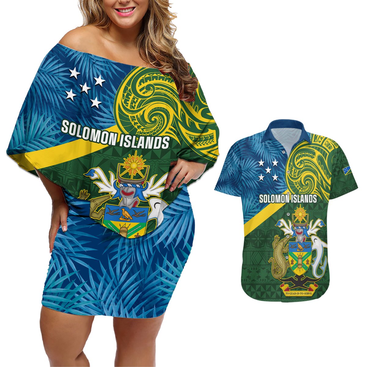 Solomon Islands Couples Matching Off Shoulder Short Dress and Hawaiian Shirt Tropical Leaves With Melanesian Pattern LT14 Green - Polynesian Pride