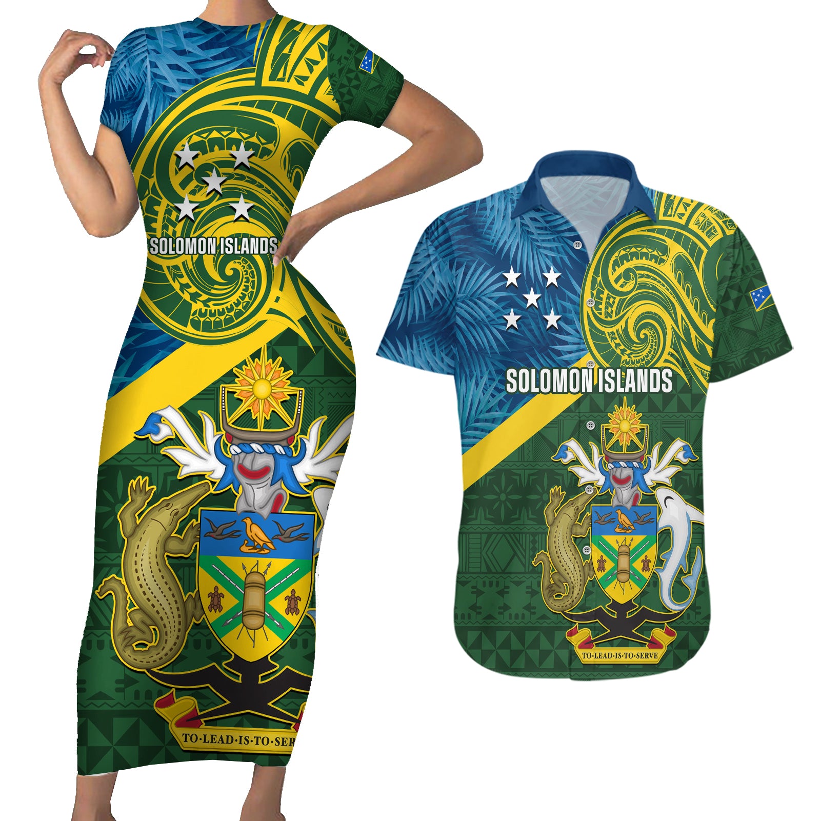 solomon-islands-couples-matching-short-sleeve-bodycon-dress-and-hawaiian-shirt-tropical-leaves-with-melanesian-pattern