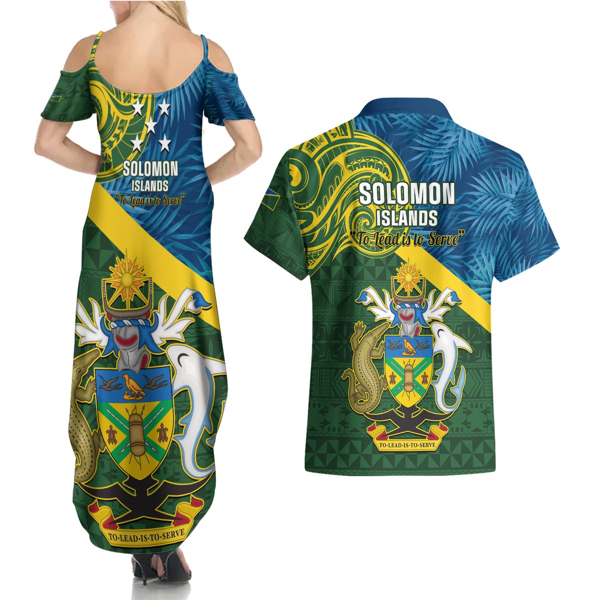Solomon Islands Couples Matching Summer Maxi Dress and Hawaiian Shirt Tropical Leaves With Melanesian Pattern LT14 - Polynesian Pride
