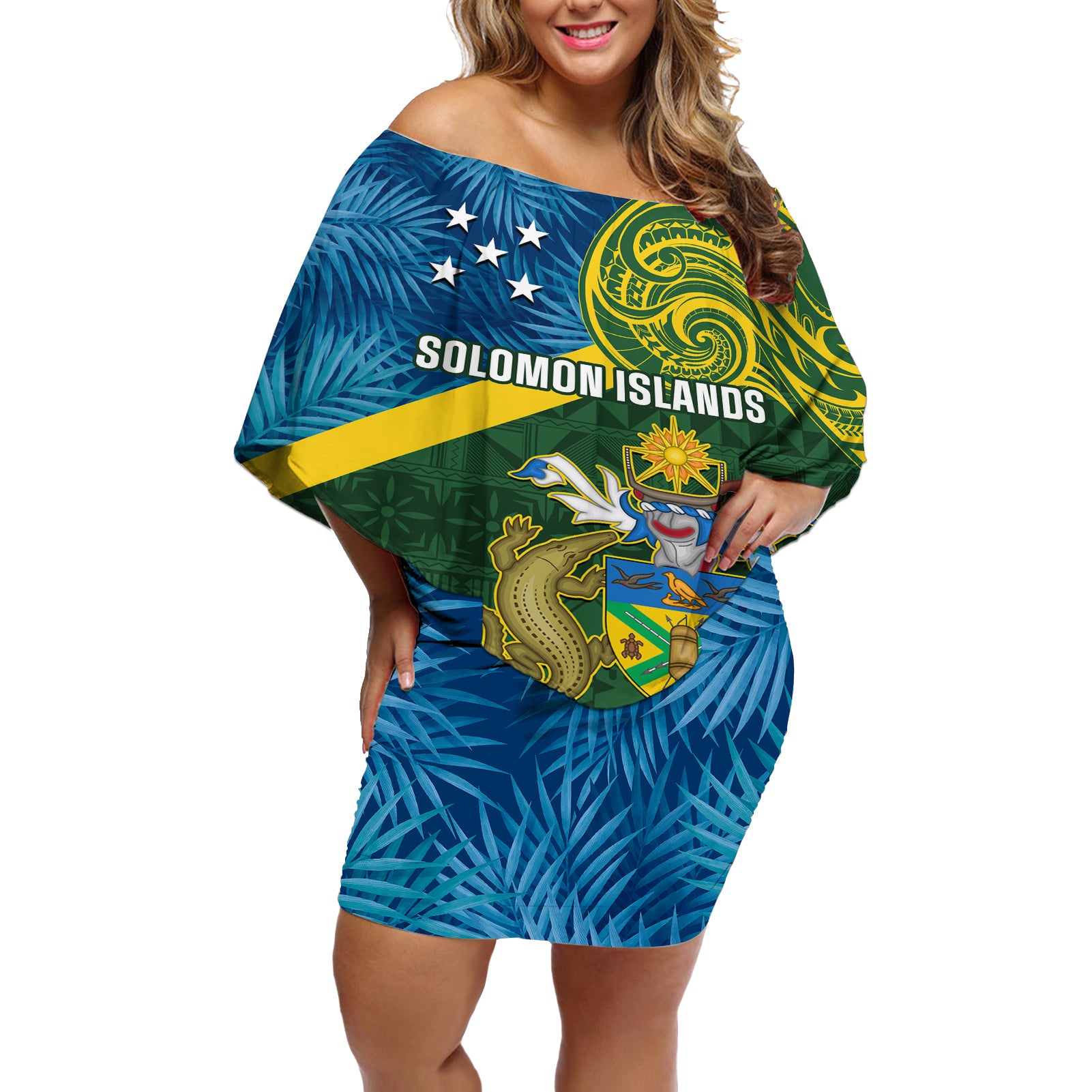 solomon-islands-off-shoulder-short-dress-tropical-leaves-with-melanesian-pattern