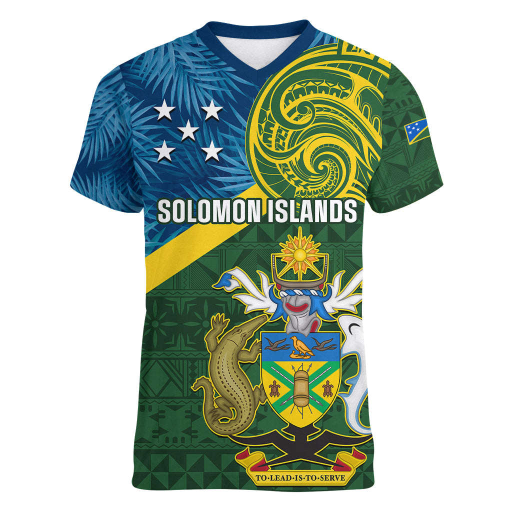 solomon-islands-women-v-neck-t-shirt-tropical-leaves-with-melanesian-pattern
