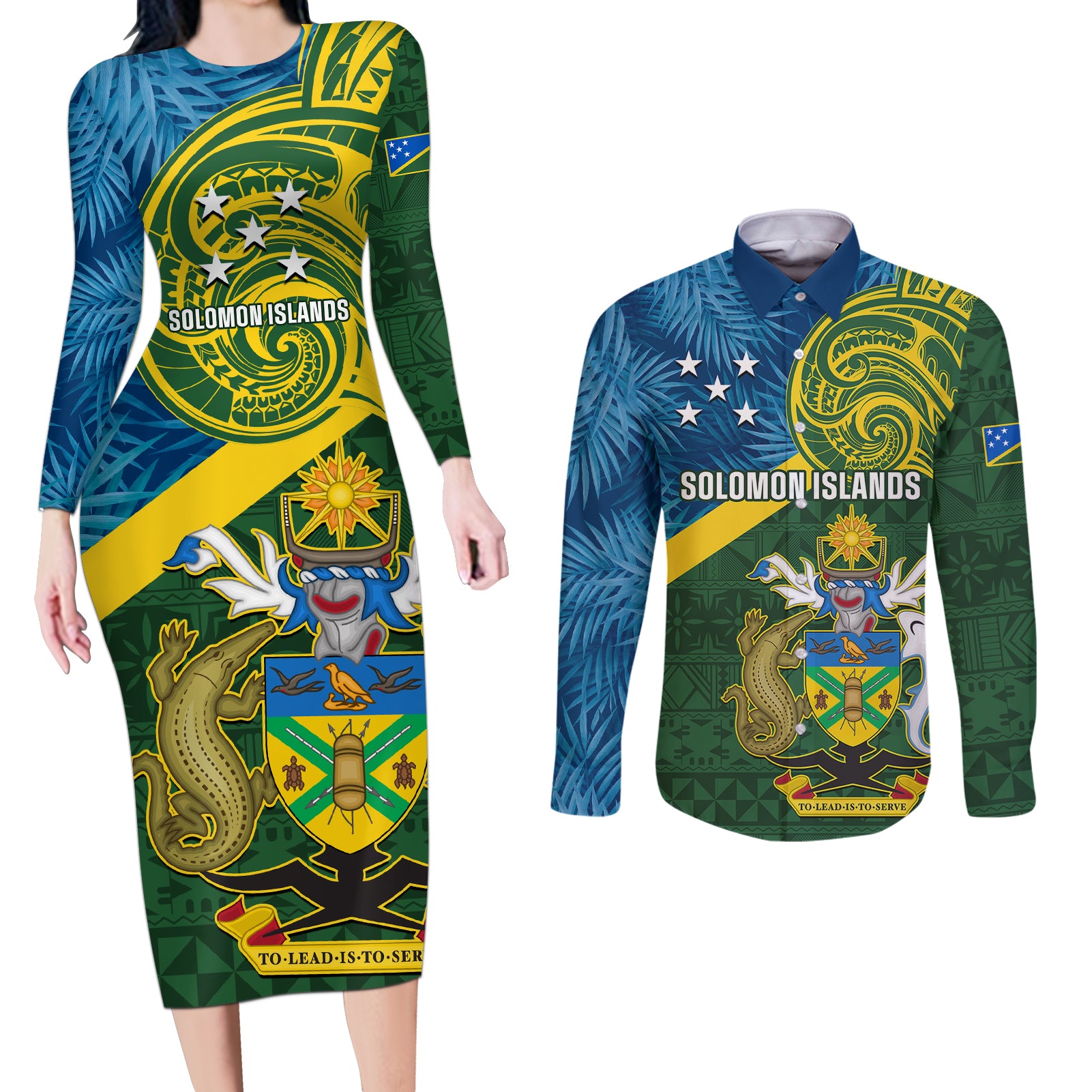 Personalised Solomon Islands Couples Matching Long Sleeve Bodycon Dress and Long Sleeve Button Shirts Tropical Leaves With Melanesian Pattern LT14 Green - Polynesian Pride