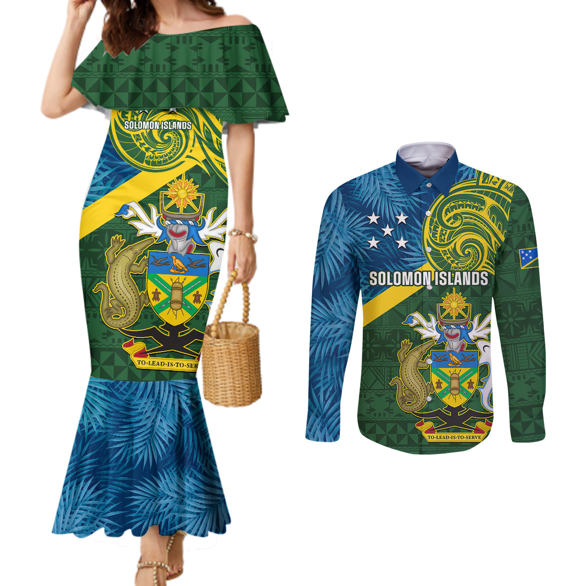 Personalised Solomon Islands Couples Matching Mermaid Dress and Long Sleeve Button Shirts Tropical Leaves With Melanesian Pattern LT14 Green - Polynesian Pride