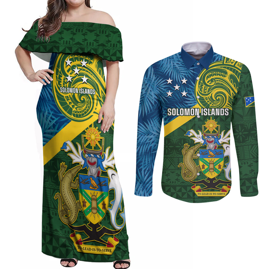 Personalised Solomon Islands Couples Matching Off Shoulder Maxi Dress and Long Sleeve Button Shirts Tropical Leaves With Melanesian Pattern LT14 Green - Polynesian Pride