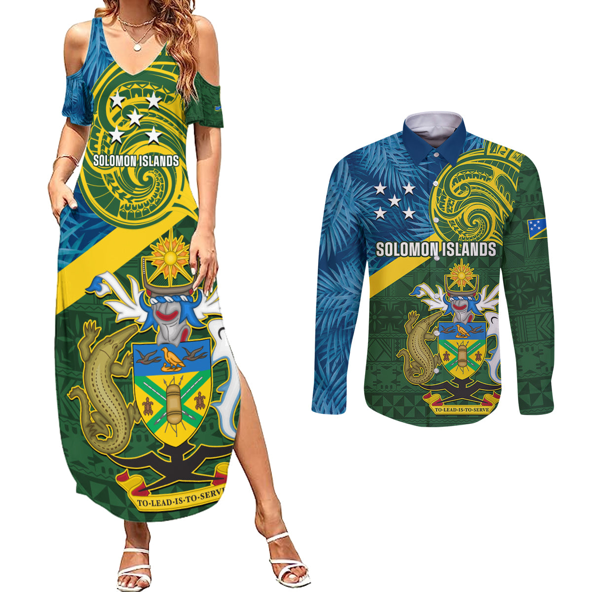 Personalised Solomon Islands Couples Matching Summer Maxi Dress and Long Sleeve Button Shirts Tropical Leaves With Melanesian Pattern LT14 Green - Polynesian Pride