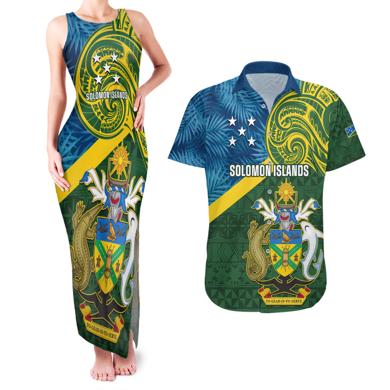 Personalised Solomon Islands Couples Matching Tank Maxi Dress and Hawaiian Shirt Tropical Leaves With Melanesian Pattern LT14 Green - Polynesian Pride