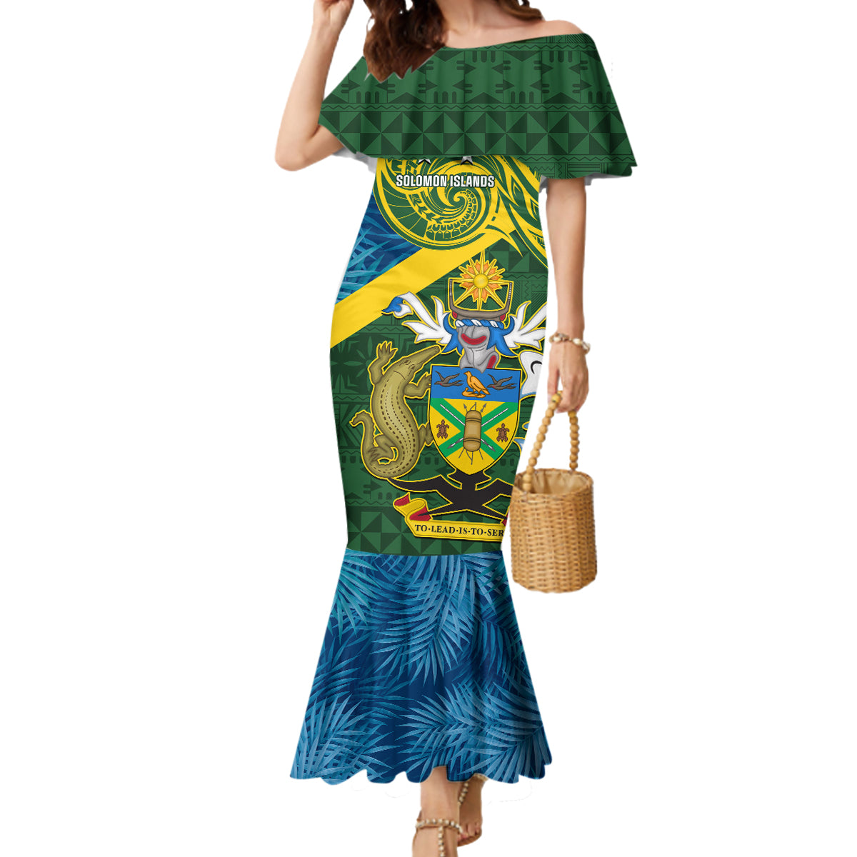 Personalised Solomon Islands Mermaid Dress Tropical Leaves With Melanesian Pattern LT14 Women Green - Polynesian Pride