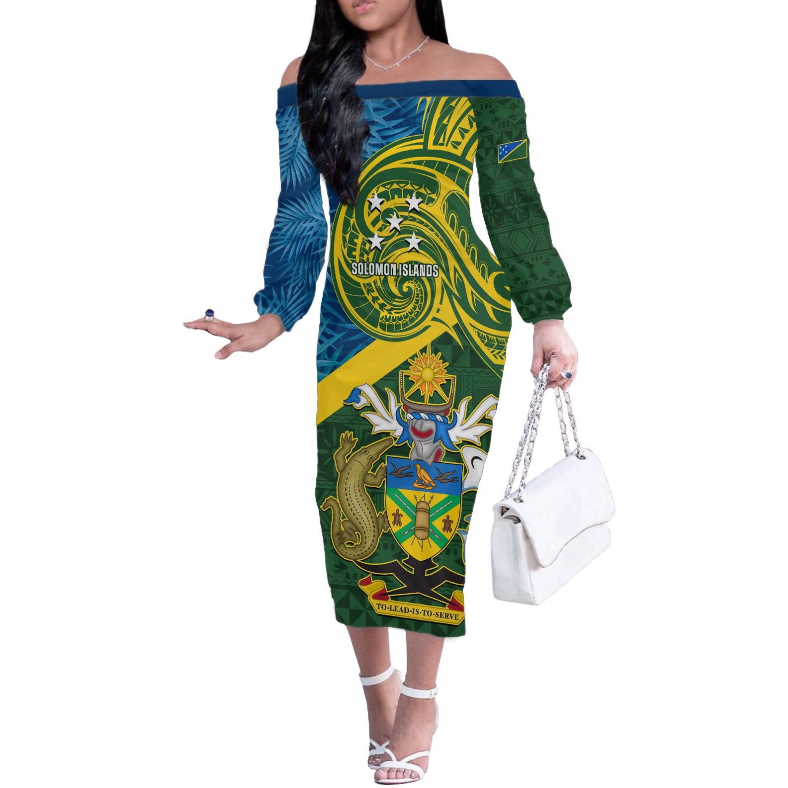 Personalised Solomon Islands Off The Shoulder Long Sleeve Dress Tropical Leaves With Melanesian Pattern LT14 Women Green - Polynesian Pride