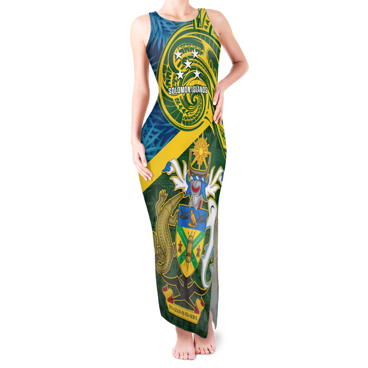 Personalised Solomon Islands Tank Maxi Dress Tropical Leaves With Melanesian Pattern LT14 Women Green - Polynesian Pride