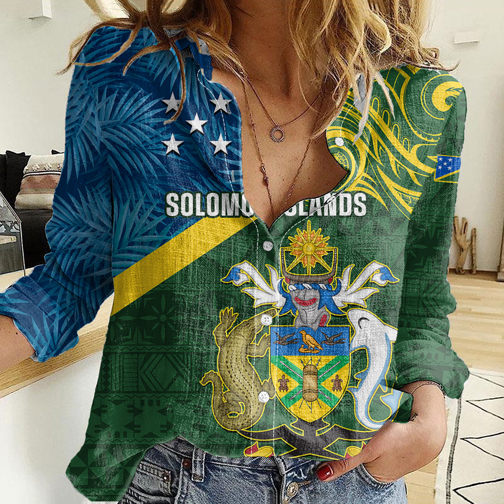 Personalised Solomon Islands Women Casual Shirt Tropical Leaves With Melanesian Pattern LT14 Female Green - Polynesian Pride