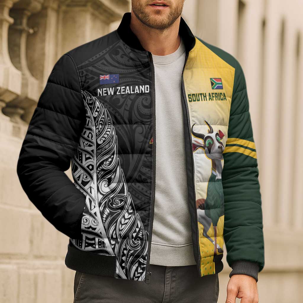 New Zealand and South Africa Rugby Custom Bomber Puffer Jacket Maori Silver Fern Springbok Together - Polynesian Pride