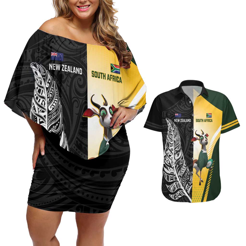 New Zealand and South Africa Rugby Custom Couples Matching Off Shoulder Short Dress and Hawaiian Shirt Maori Silver Fern Springbok Together - Polynesian Pride