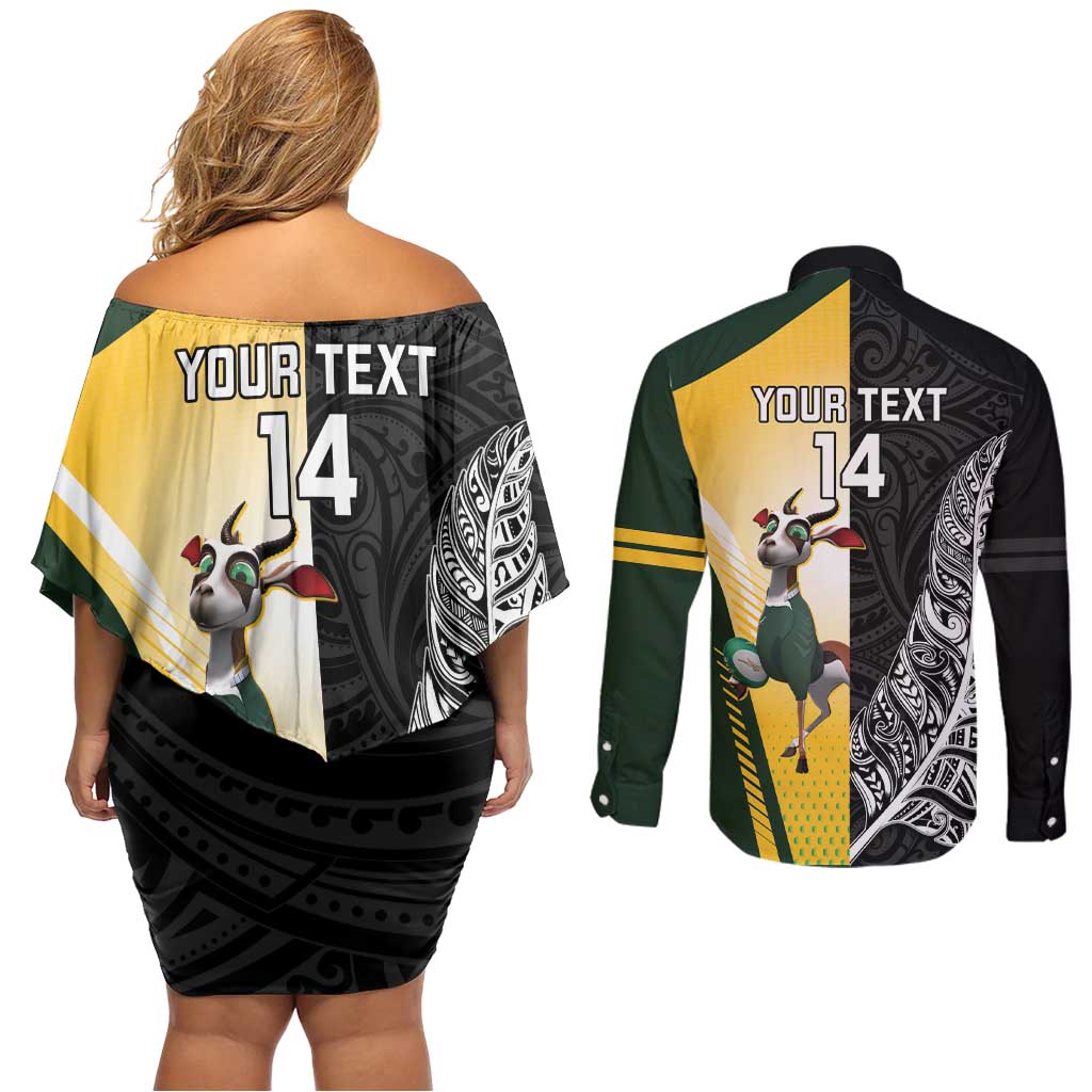 New Zealand and South Africa Rugby Custom Couples Matching Off Shoulder Short Dress and Long Sleeve Button Shirt Maori Silver Fern Springbok Together - Polynesian Pride