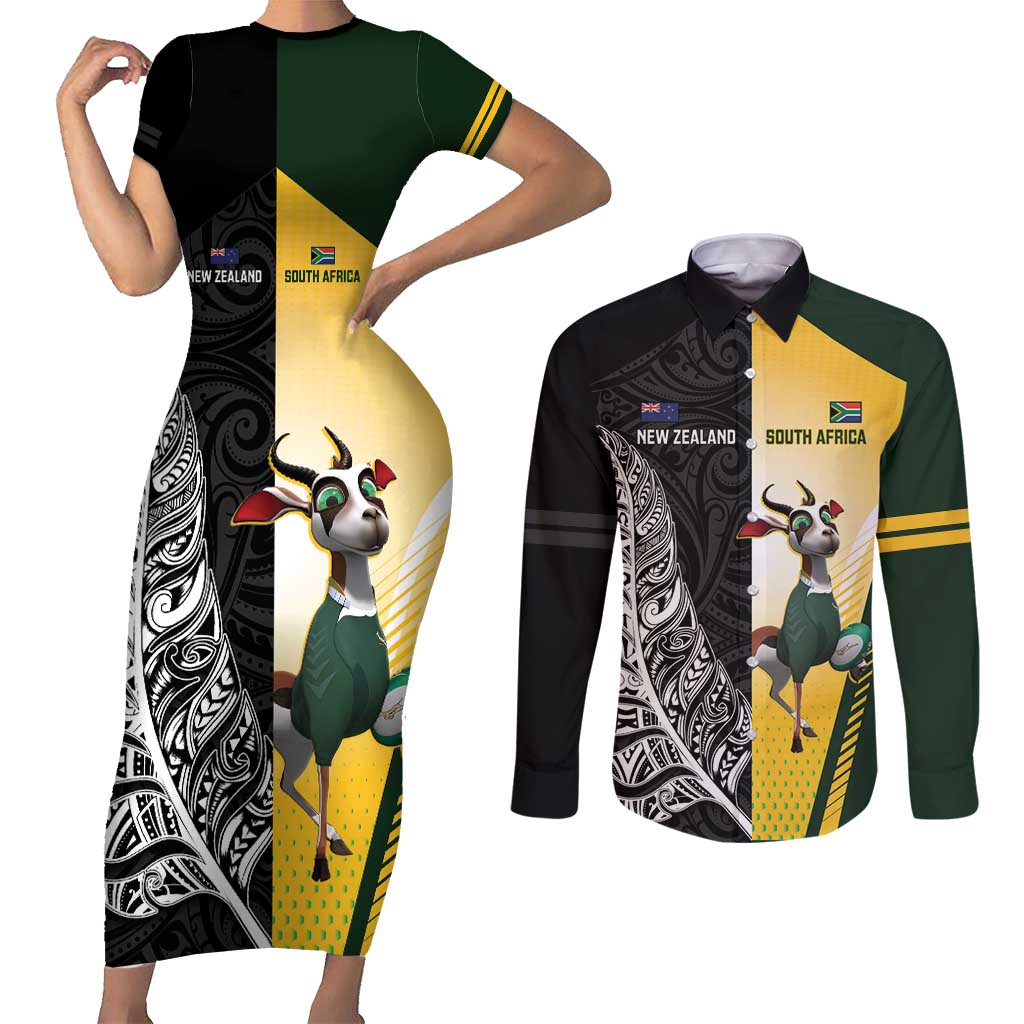New Zealand and South Africa Rugby Custom Couples Matching Short Sleeve Bodycon Dress and Long Sleeve Button Shirt Maori Silver Fern Springbok Together - Polynesian Pride