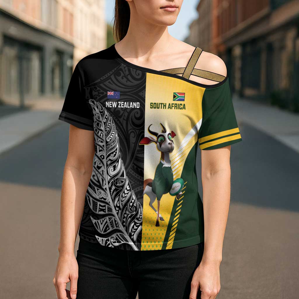 New Zealand and South Africa Rugby Custom Cross Shoulder Shirt Maori Silver Fern Springbok Together - Polynesian Pride