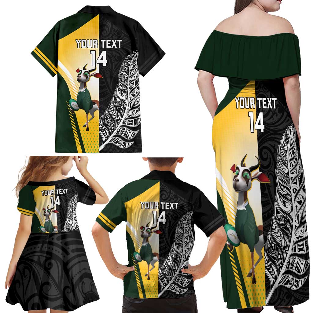 New Zealand and South Africa Rugby Custom Family Matching Off Shoulder Maxi Dress and Hawaiian Shirt Maori Silver Fern Springbok Together - Polynesian Pride