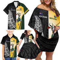 New Zealand and South Africa Rugby Custom Family Matching Off Shoulder Short Dress and Hawaiian Shirt Maori Silver Fern Springbok Together - Polynesian Pride