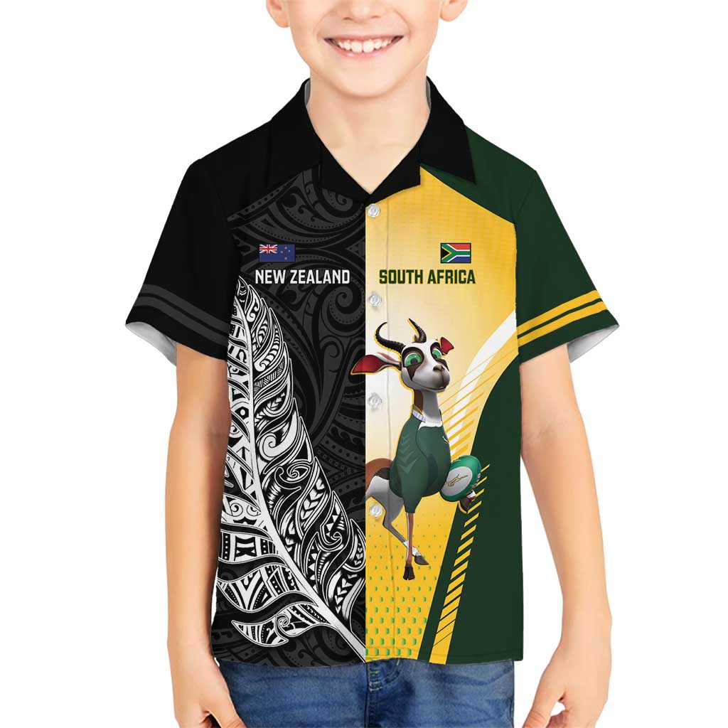 New Zealand and South Africa Rugby Custom Family Matching Off Shoulder Short Dress and Hawaiian Shirt Maori Silver Fern Springbok Together - Polynesian Pride