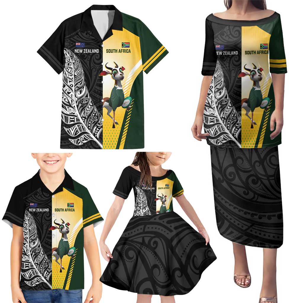 New Zealand and South Africa Rugby Custom Family Matching Puletasi and Hawaiian Shirt Maori Silver Fern Springbok Together - Polynesian Pride